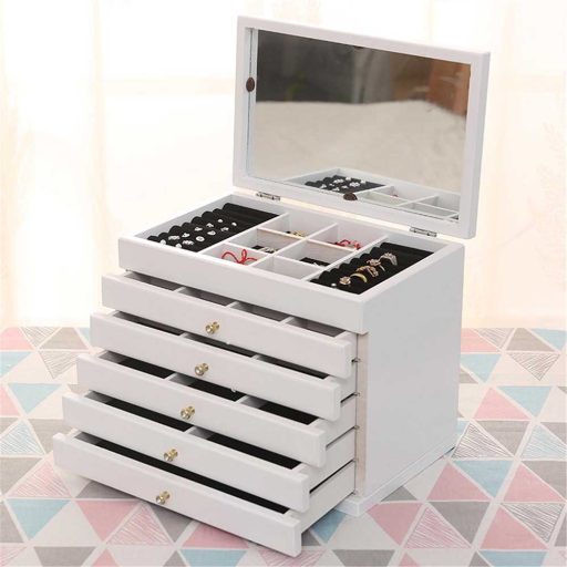 Organizzatore di gioielli bianco a 6 scomparti con specchio e cassetti