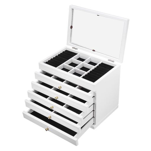 Organizzatore di gioielli bianco a 6 scomparti con specchio e cassetti