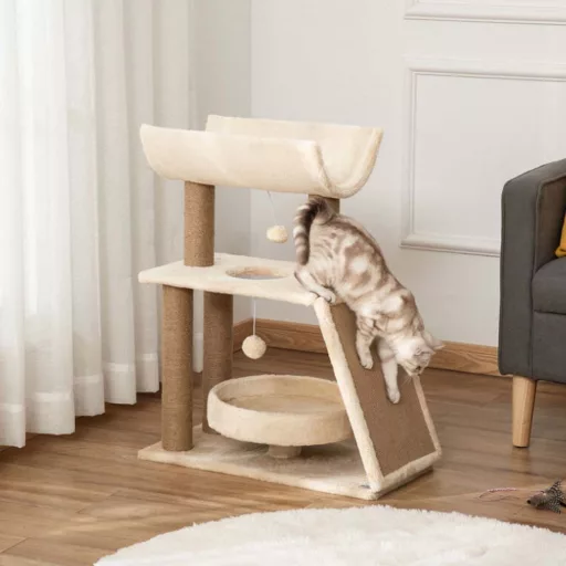 Albero per gatti beige a 2 livelli con pali per graffiare e letto in peluche