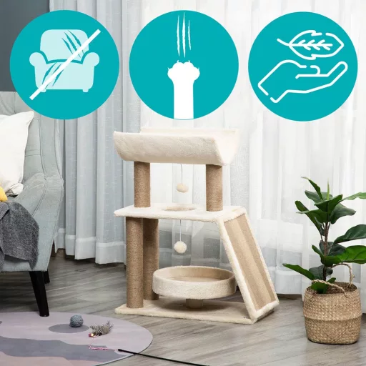 Albero per gatti beige a 2 livelli con pali per graffiare e letto in peluche