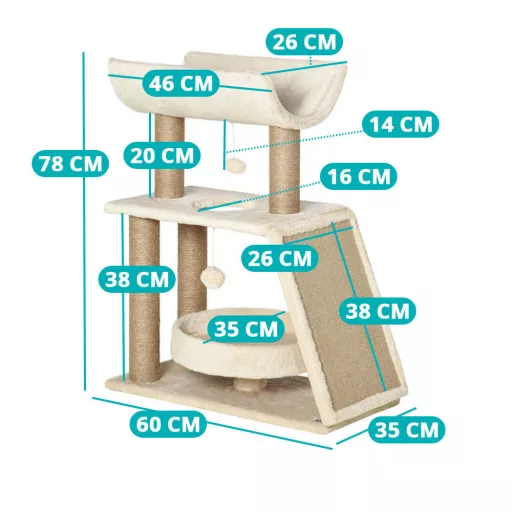 Albero per gatti beige a 2 livelli con pali per graffiare e letto in peluche