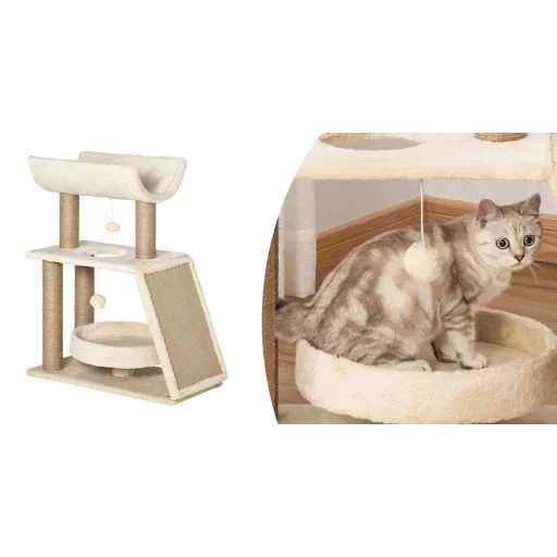Albero per gatti beige a 2 livelli con pali per graffiare e letto in peluche