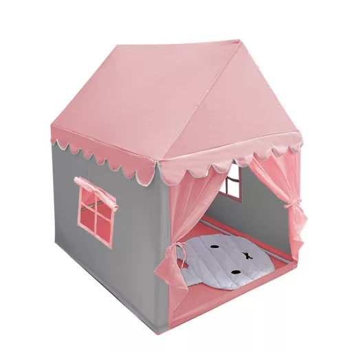 Casa da gioco per bambini con materassino morbido - Rosa, facile da montare, struttura in legno naturale