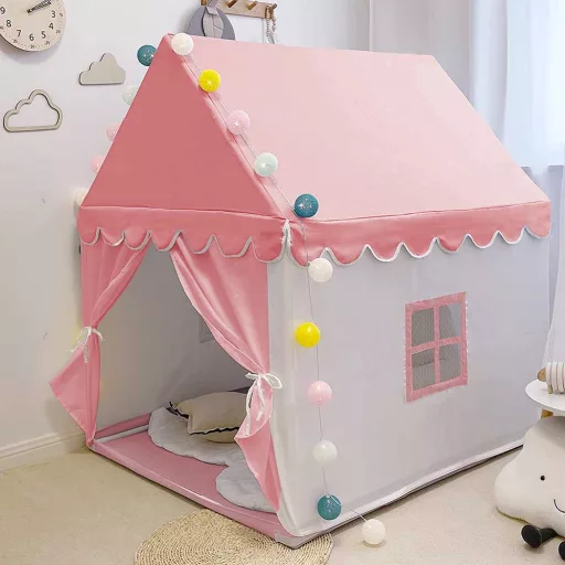 Casa da gioco per bambini con materassino morbido - Rosa, facile da montare, struttura in legno naturale