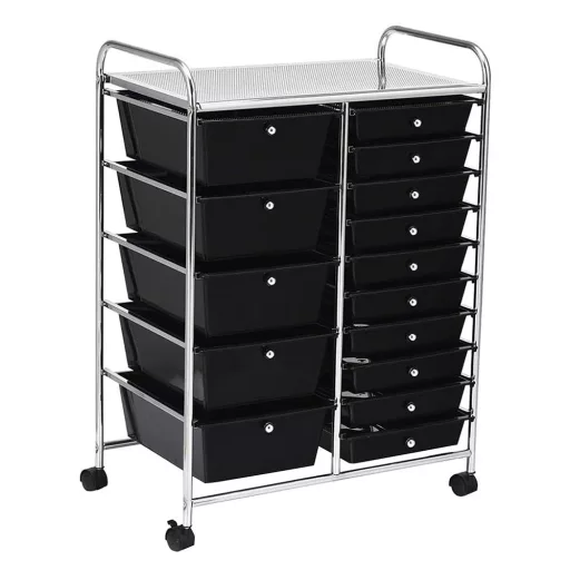 Carrello di Stoccaggio Mobile con 15 Cassetti, Vari Colori - Nero