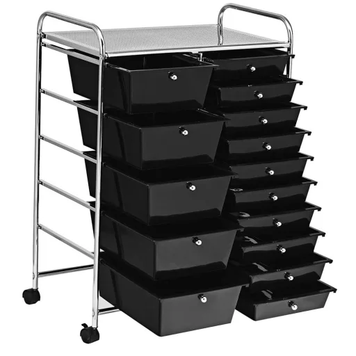 Carrello di Stoccaggio Mobile con 15 Cassetti, Vari Colori - Nero