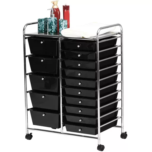 Carrello di Stoccaggio Mobile con 15 Cassetti, Vari Colori - Nero