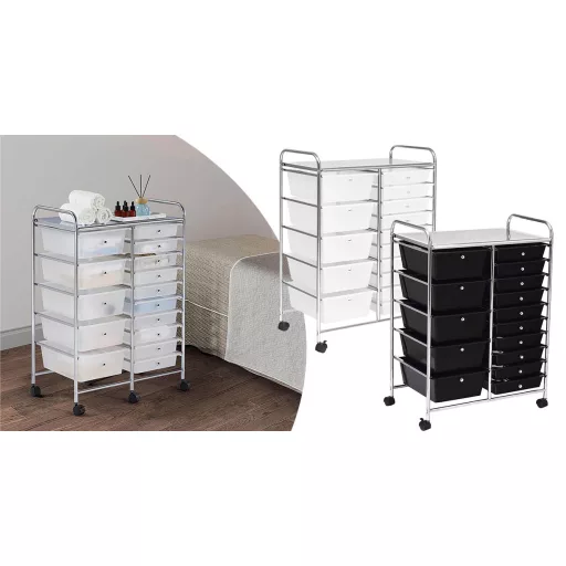 Carrello di Stoccaggio Mobile con 15 Cassetti, Vari Colori - Nero