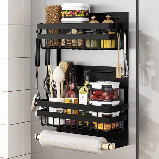 Mensola da cucina magnetica con 2 cesti e 4 ganci