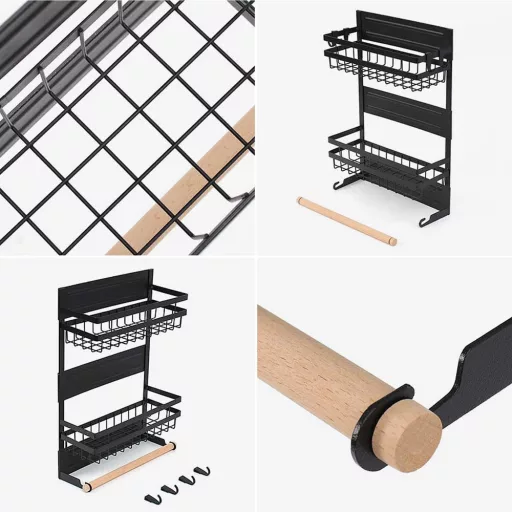 Mensola da cucina magnetica con 2 cesti e 4 ganci