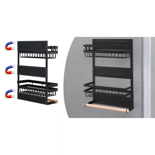 Mensola da cucina magnetica con 2 cesti e 4 ganci