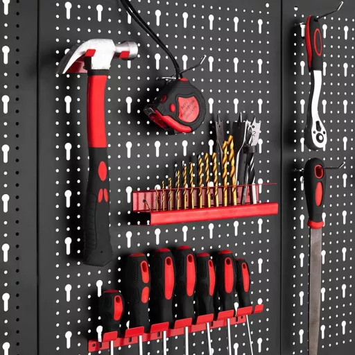 Pannello di stoccaggio per attrezzi da parete in metallo con ganci e organizer