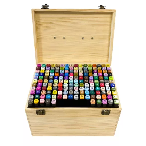 Set di pennarelli a doppia punta da 170 pezzi con scatola di legno verniciabile - colori vivaci e pastello