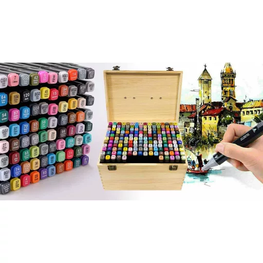 Set di pennarelli a doppia punta da 170 pezzi con scatola di legno verniciabile - colori vivaci e pastello