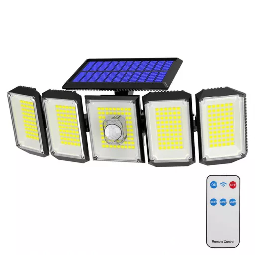 Lampada solare rotante a 5 pannelli 300 LED con sensore di movimento e telecomando, impermeabile IP65