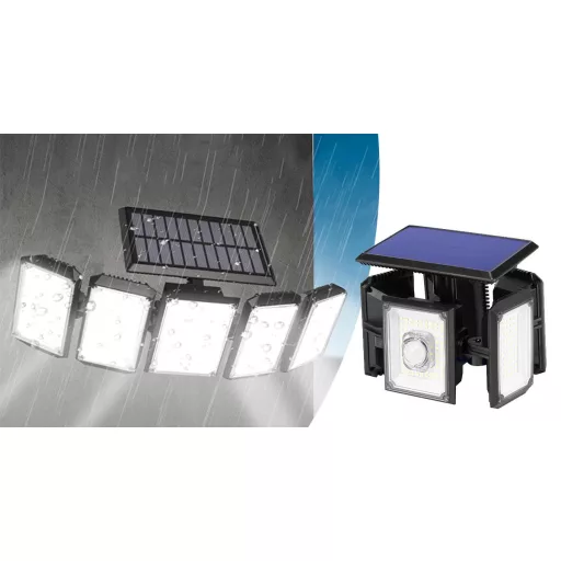 Lampada solare rotante a 5 pannelli 300 LED con sensore di movimento e telecomando, impermeabile IP65