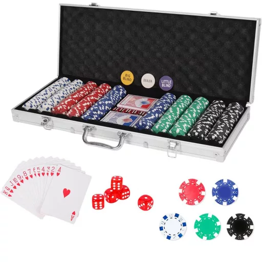 Set di poker da 500 pezzi in valigetta di alluminio con fiches, carte e dadi
