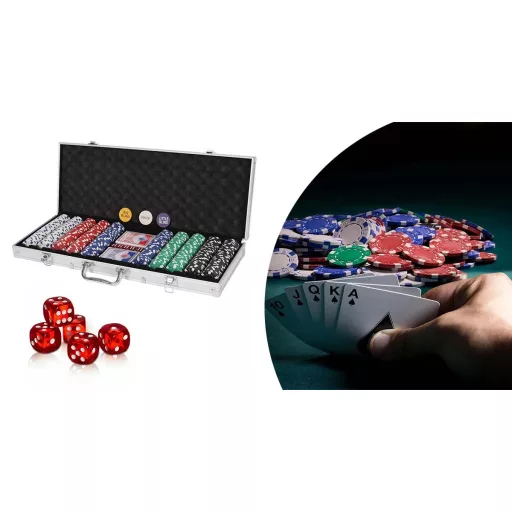 Set di poker da 500 pezzi in valigetta di alluminio con fiches, carte e dadi