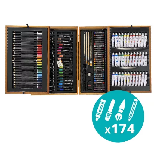 Set di pittura e disegno premium da 174 pezzi in elegante scatola di legno