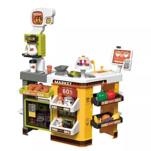 Set di supermercato giocattolo giallo da 65 pezzi con accessori realistici
