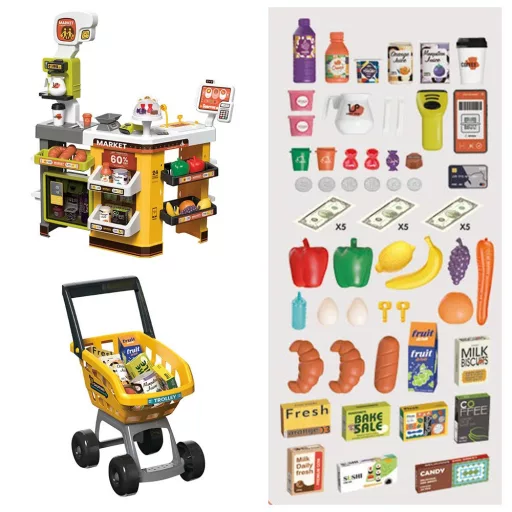 Set di supermercato giocattolo giallo da 65 pezzi con accessori realistici