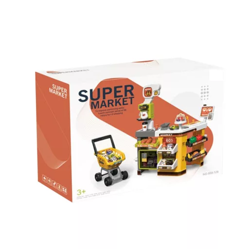 Set di supermercato giocattolo giallo da 65 pezzi con accessori realistici