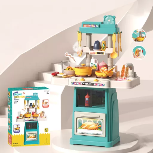 Set da cucina giocattolo azzurro chiaro da 47 pezzi con funzioni interattive e accessori
