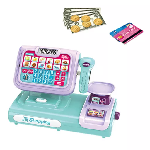 Registratore di cassa giocattolo per bambini con effetti sonori e luminosi - Blu-Viola