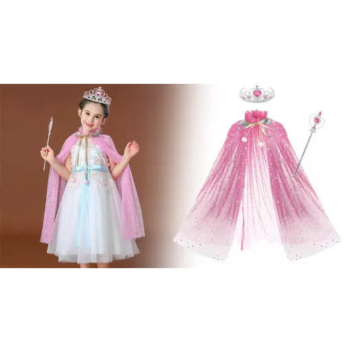 Set di accessori da principessa con tiara, mantello e gioielli scintillanti per bambini