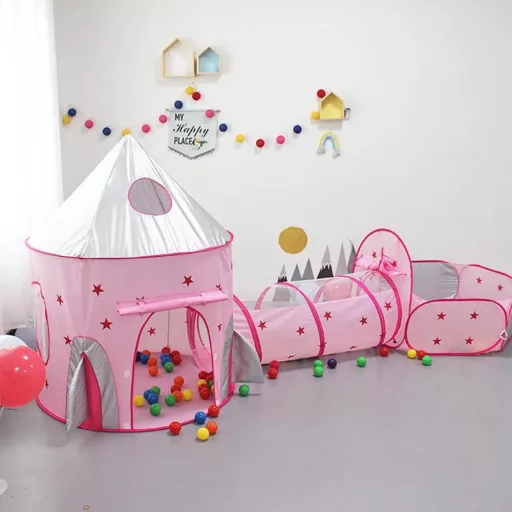 Tenda da gioco 3-in-1 per bambini con tunnel e canestro - Rosa