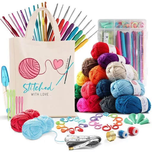 Kit Completo per Uncinetto con Filati Colorati e Accessori in Borsa Elegante