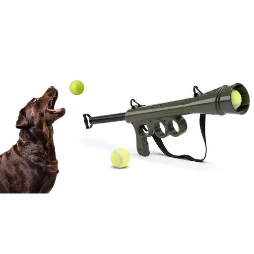 Lanciaball per Cani con Raccoglitore di Palline Integrato, Cinghia Regolabile e Portata di 20m