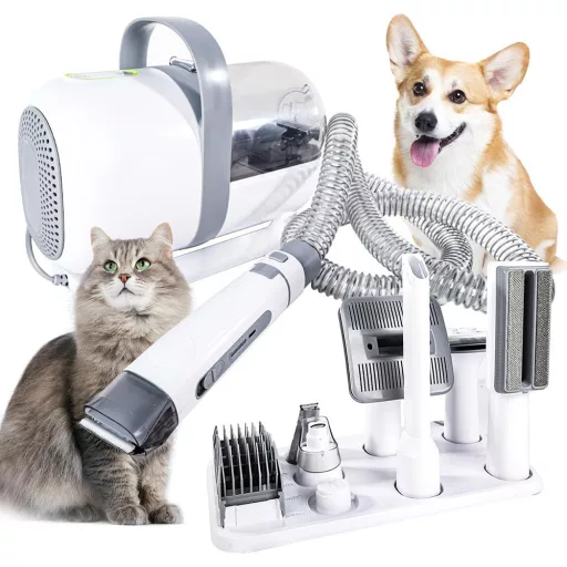 Kit di toelettatura per animali domestici con sistema di aspirazione e 6 accessori