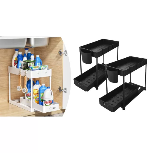 Organizer a 2 livelli per sotto il lavello con cassetto estraibile - Bianco (Set di 2)