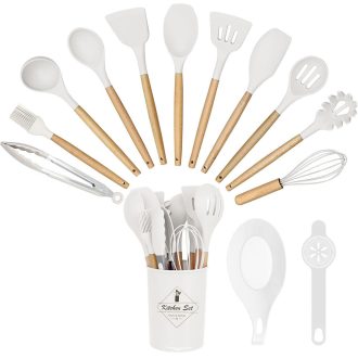   Set di utensili da cucina in silicone resistente al calore da 14 pezzi con supporto - Bianco