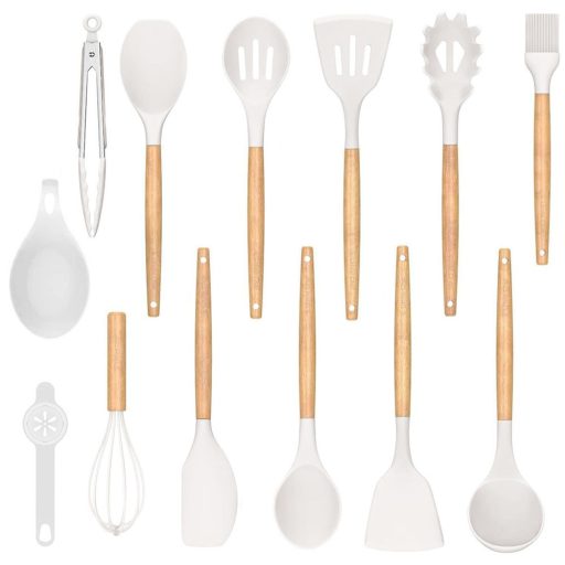 Set di utensili da cucina in silicone resistente al calore da 14 pezzi con supporto - Bianco