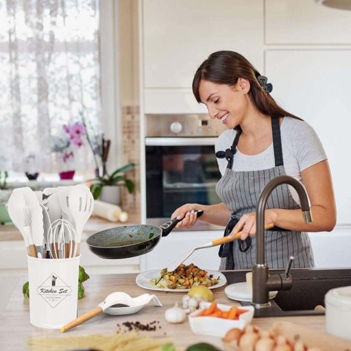 Set di utensili da cucina in silicone resistente al calore da 14 pezzi con supporto - Bianco