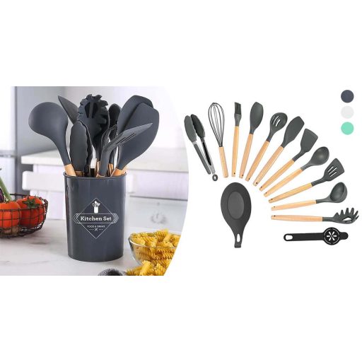 Set di utensili da cucina in silicone resistente al calore da 14 pezzi con supporto - Bianco