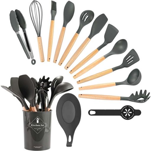 Set di utensili da cucina in silicone resistente al calore da 14 pezzi con supporto - Grigio scuro