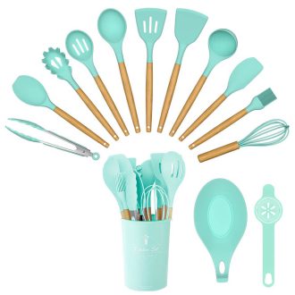   Set di utensili da cucina in silicone resistente al calore da 14 pezzi con supporto - Turchese