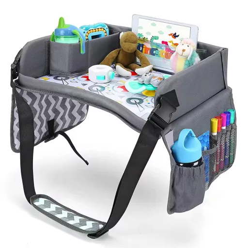 Tavolo da viaggio portatile per bambini con tasche di stoccaggio e portabicchieri - Grigio