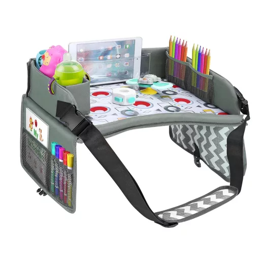 Tavolo da viaggio portatile per bambini con tasche di stoccaggio e portabicchieri - Grigio