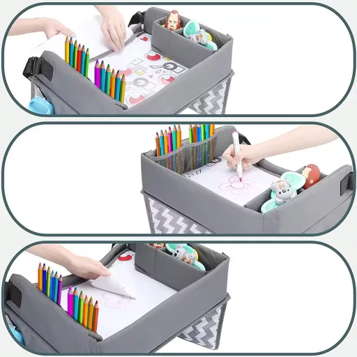 Tavolo da viaggio portatile per bambini con tasche di stoccaggio e portabicchieri - Grigio