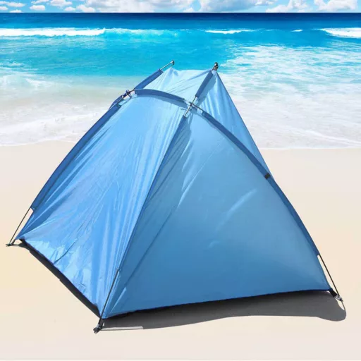 Tenda da spiaggia blu a metà 220x110x110 cm con tasche di stoccaggio, facile da montare