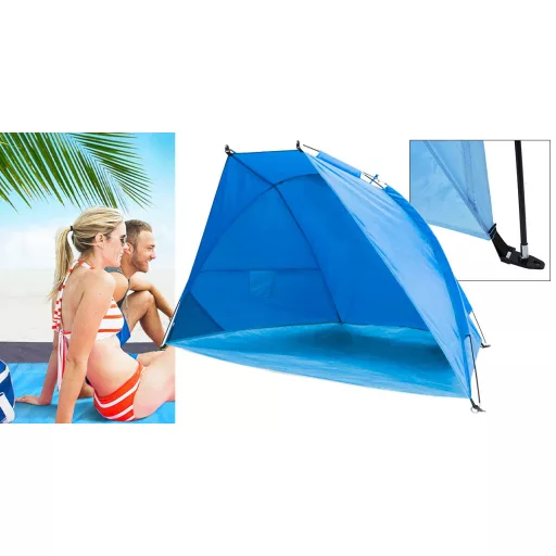 Tenda da spiaggia blu a metà 220x110x110 cm con tasche di stoccaggio, facile da montare