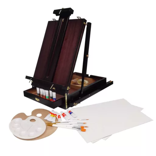 Set completo di cavalletto portatile per pittori con tele, colori acrilici e pennelli