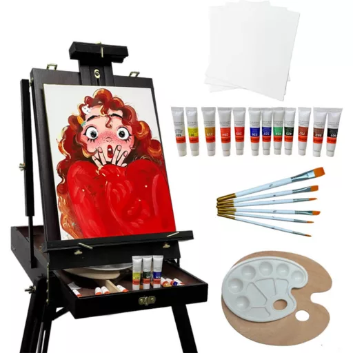 Set completo di cavalletto portatile per pittori con tele, colori acrilici e pennelli