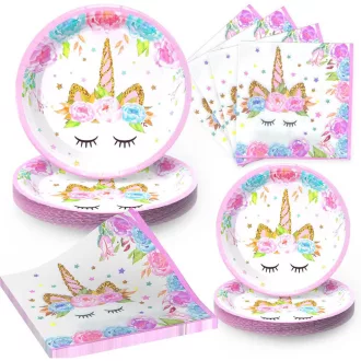   Set di compleanno unicorno per 16 ospiti - Decorazioni complete con stoviglie e striscione "Buon Compleanno"