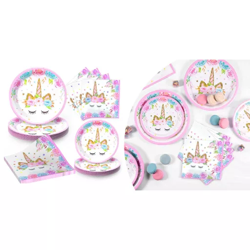 Set di compleanno unicorno per 16 ospiti - Decorazioni complete con stoviglie e striscione "Buon Compleanno"