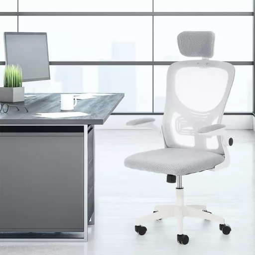 Sedia da ufficio ergonomica con supporto lombare e poggiatesta - Grigia
